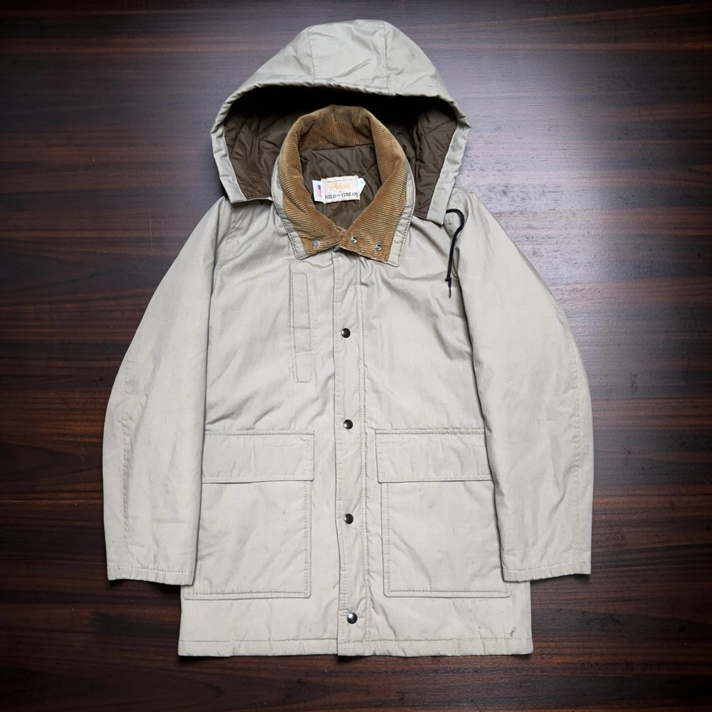 Vintage Field & Stream Hooded Parka Jacket Men's Small Beige USA Made Quilted